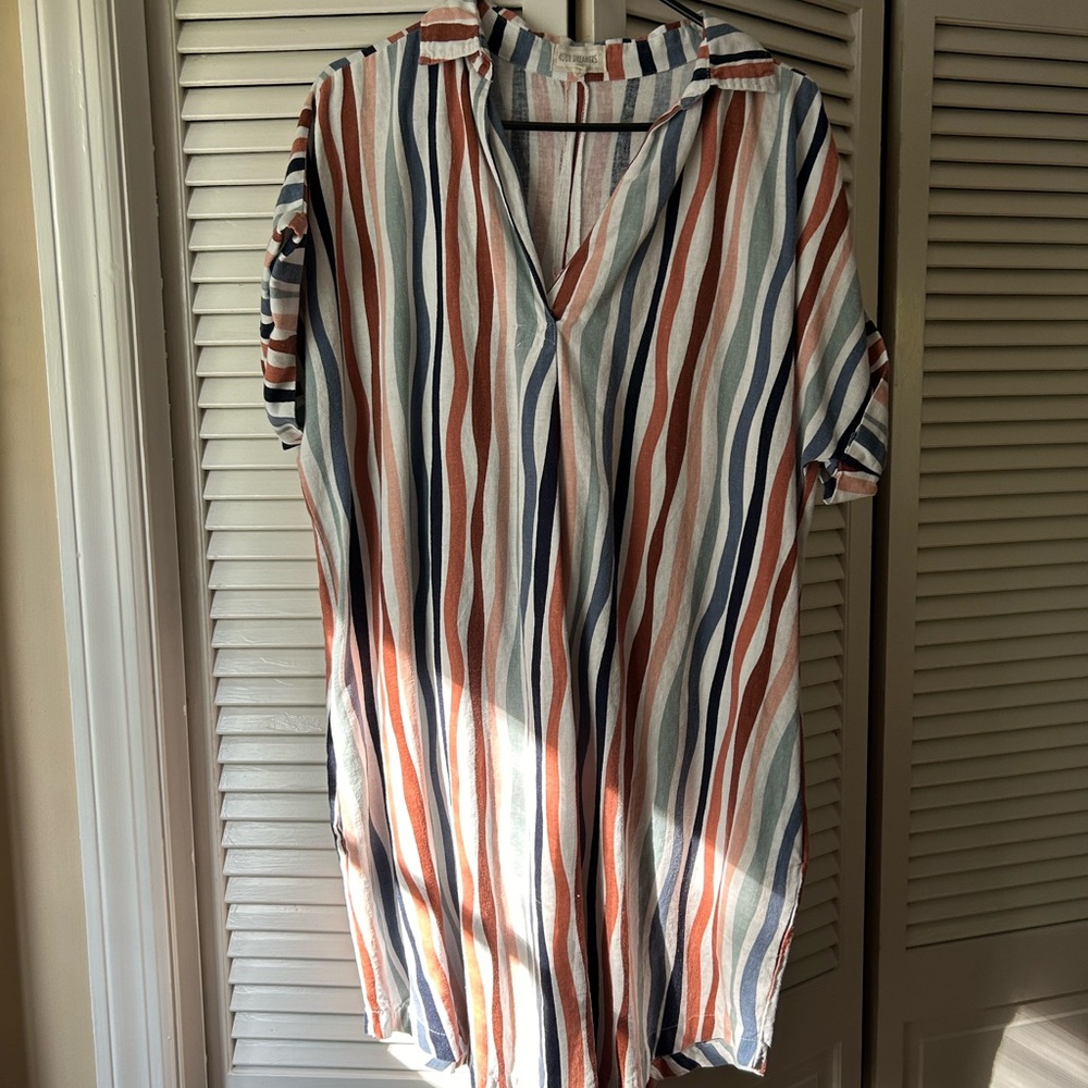 4our Dreamers dress, ivory background with blue, green, rust, orange, peach,blak